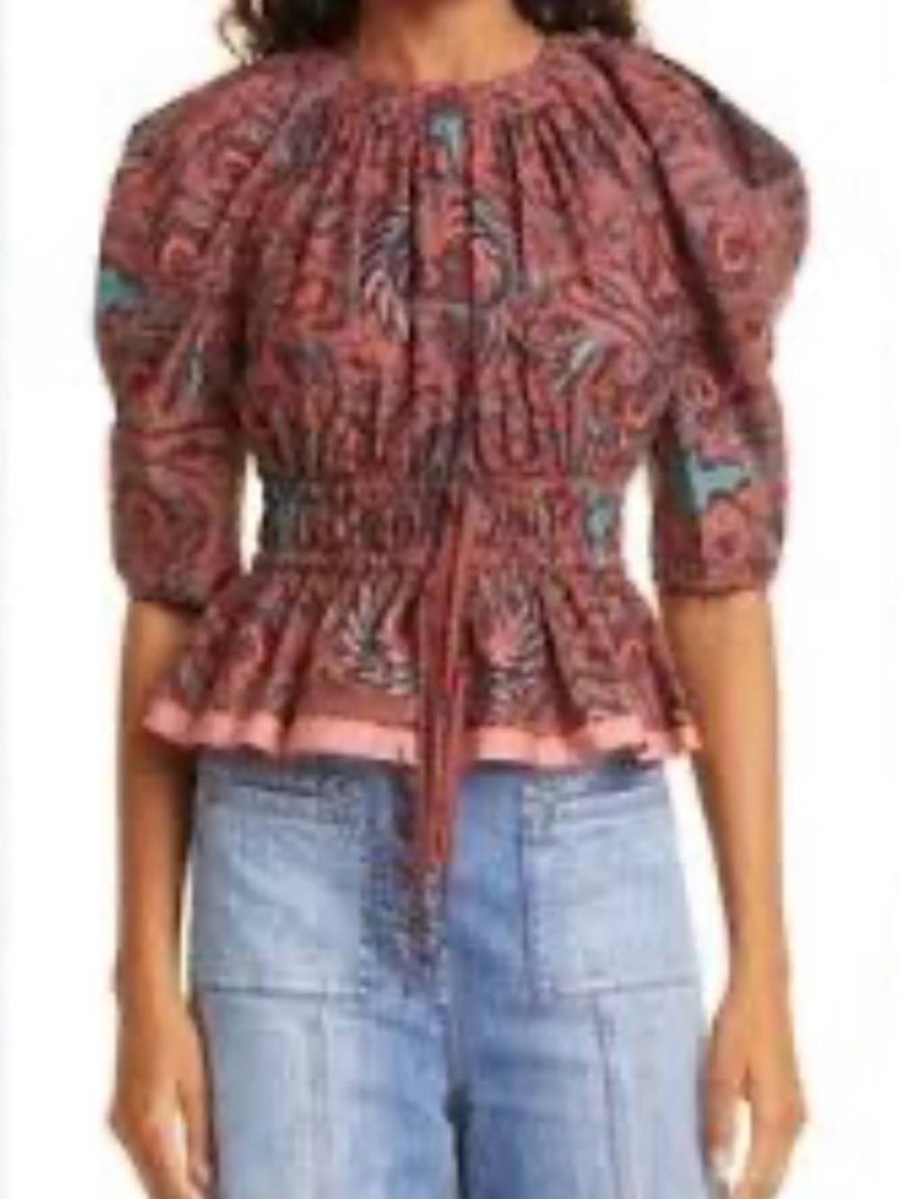 ULLA JOHNSON Denisa Blouse Size 0 Burgundy Cotton Poplin Cinched Ruffle Peplum